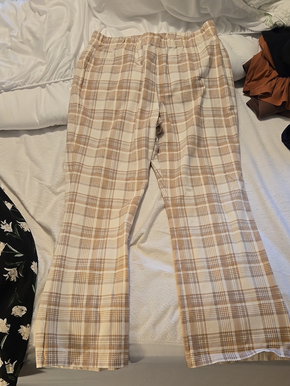 Susan Graver Cream and Beige Plaid Boot-Cut Pants